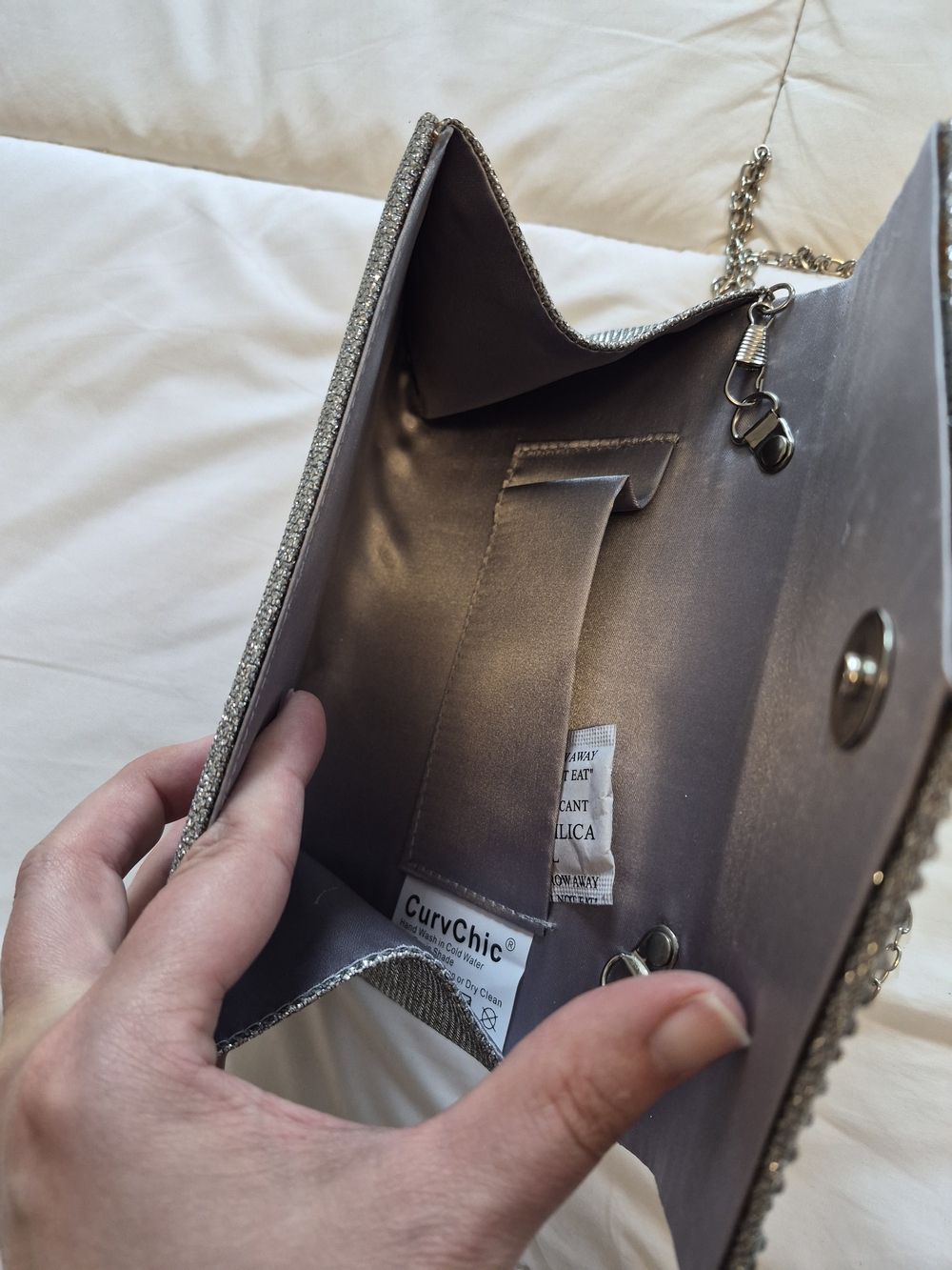 Silver Glitter Evening Clutch with Chain Strap - Picture 2 of 3